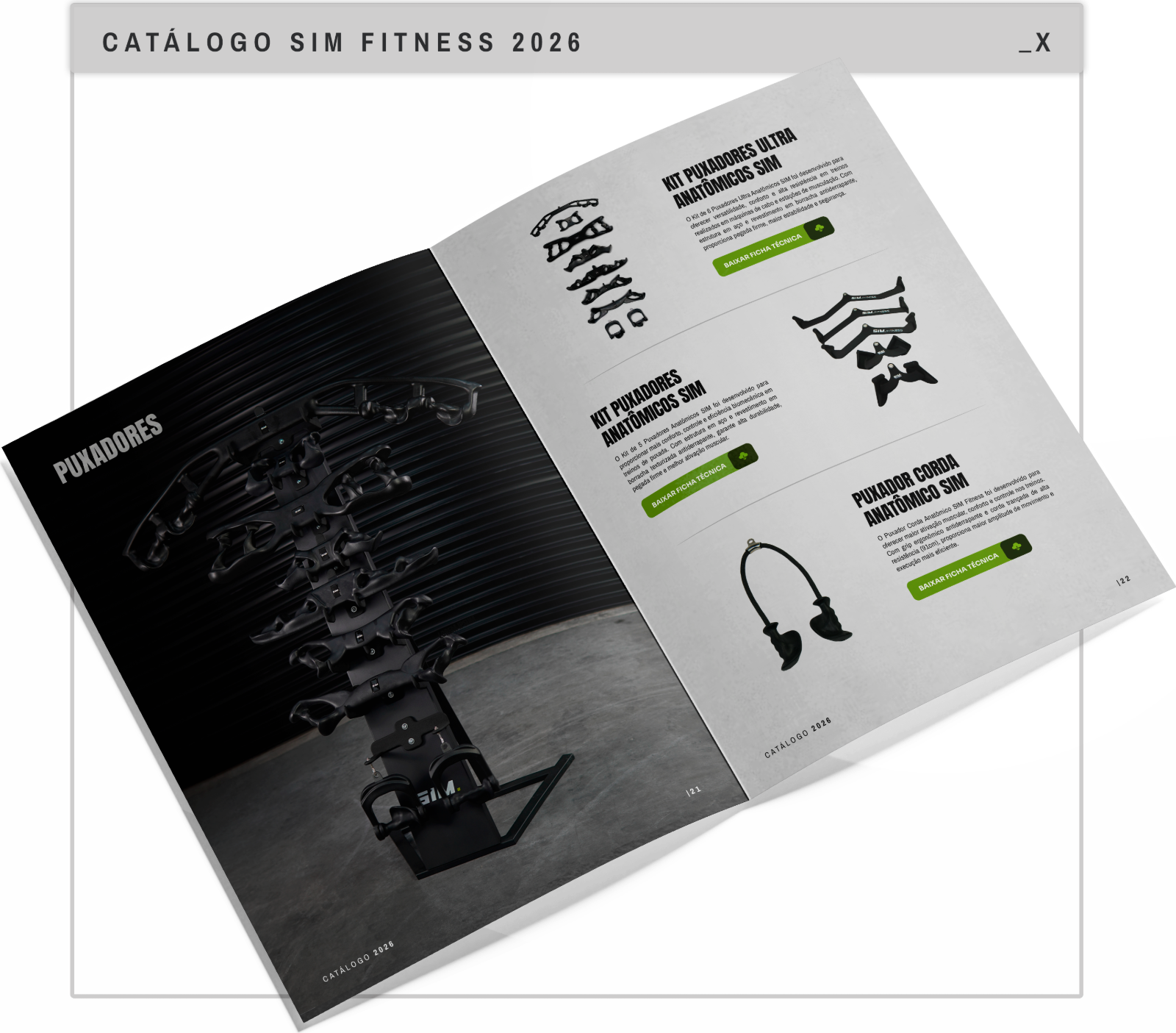 Catálogo Sim Fitness 2026 aberto em uma página de puxadores